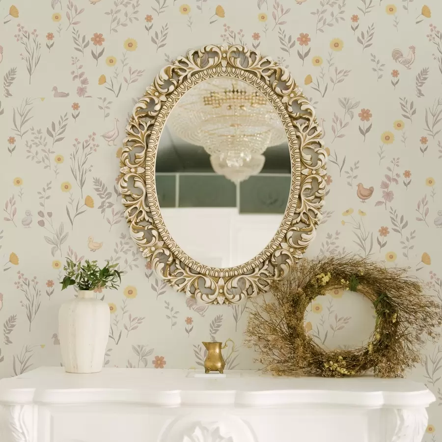 Fototapeedid Põllulilled ja kanad pehmetes pastelsetes toonides a00478