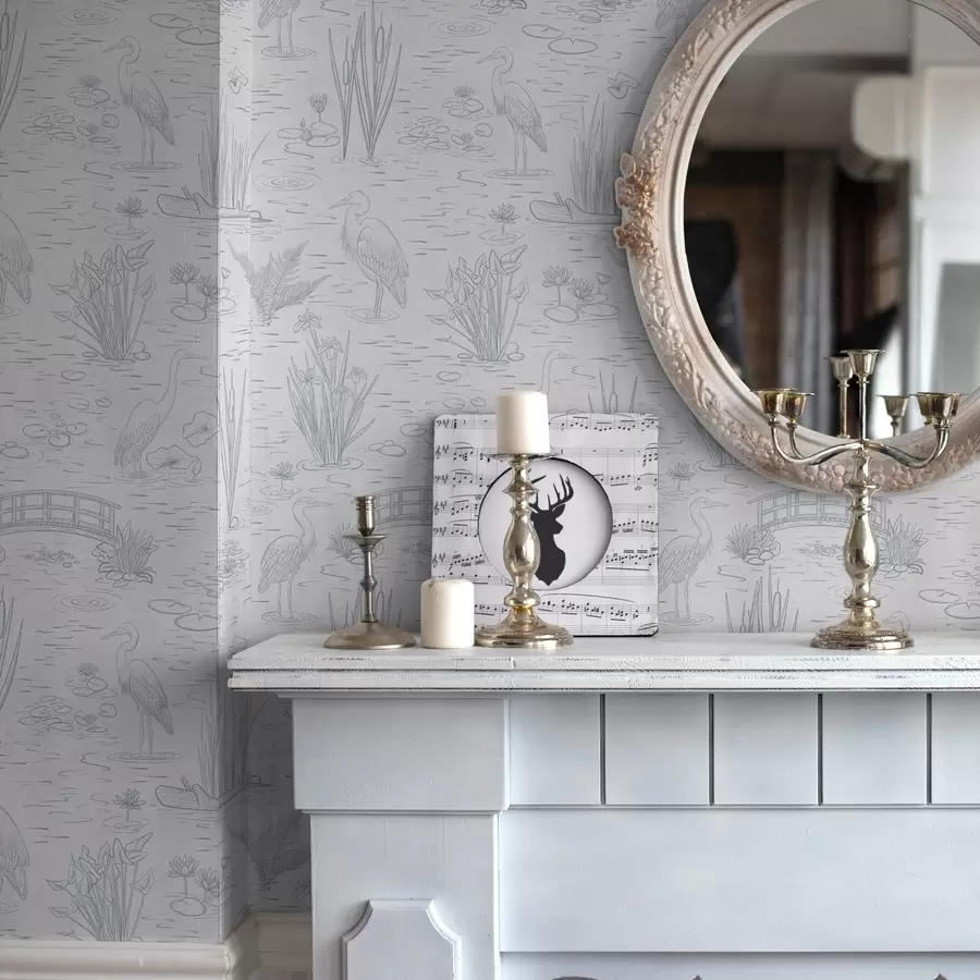 Fototapeedid Rahulikes hallides toonides joonistus haigrutest ja veetaimedest a00479