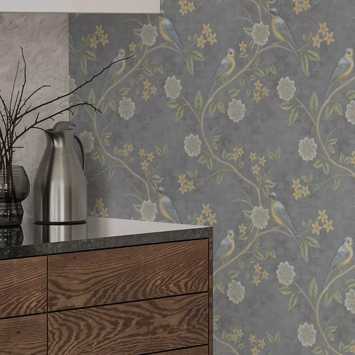 Tapeet Linnud okstel lillede vahel hallil taustal a00483