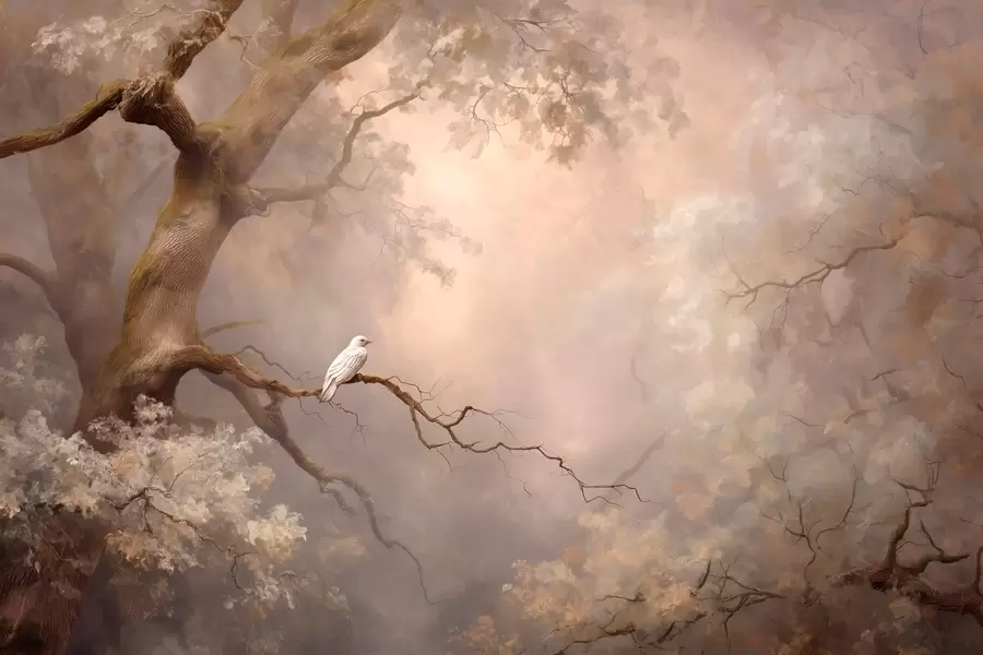 Fototapeedid müstiline mets koos valge linnuga w04314