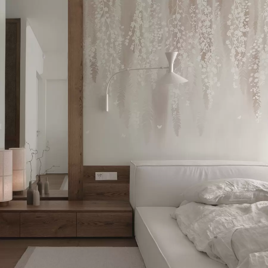 Fototapeedid Valgete lilledega heledad oksad õrnal taustal w04417