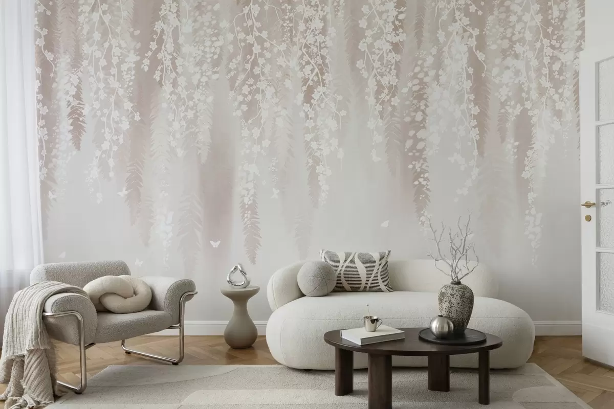 Fototapeedid Valgete lilledega heledad oksad õrnal taustal w04417