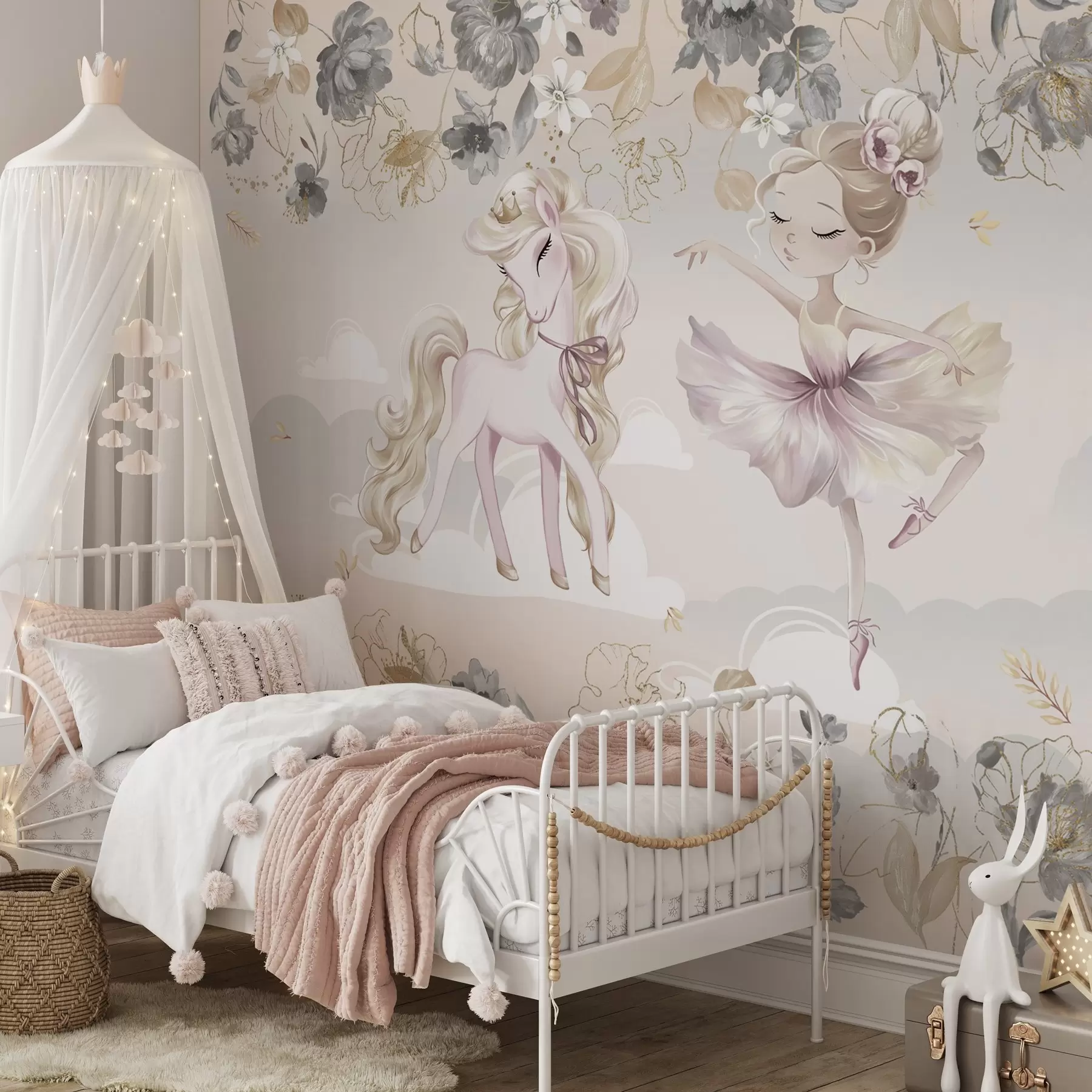 Fototapeedid Lumivalge poni ja baleriin lillede ja pilvede vahel w04419