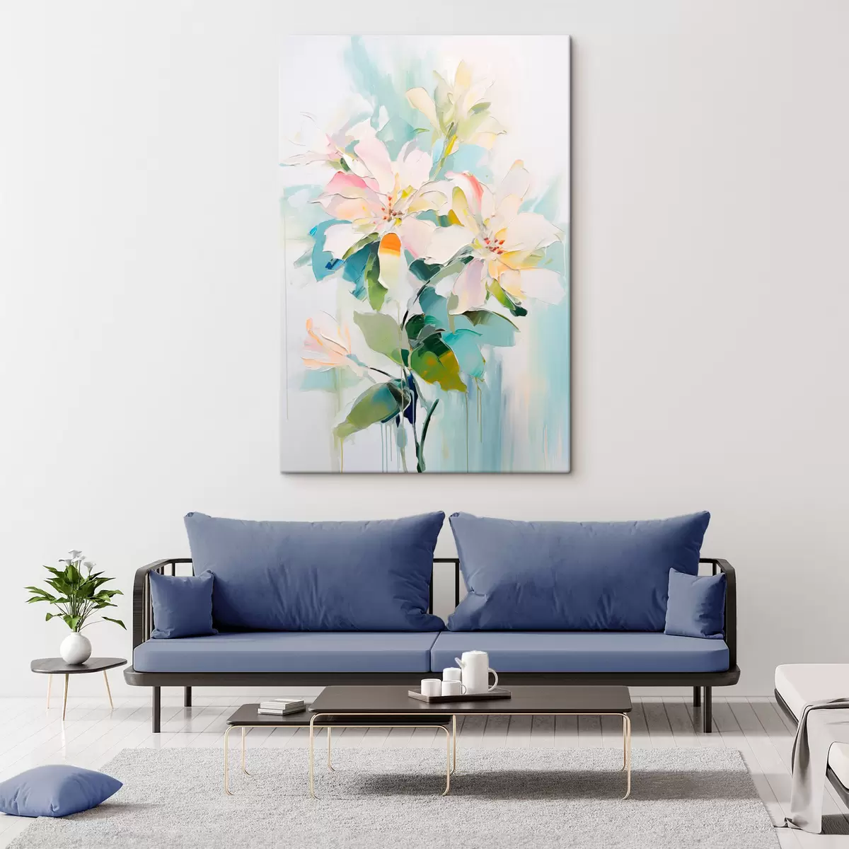 Pilt Värviliste aktsentidega lilled, rohelised lehed, pehmed pintslitõmbed õlimaalide jäljendused, helesinine taust s45549