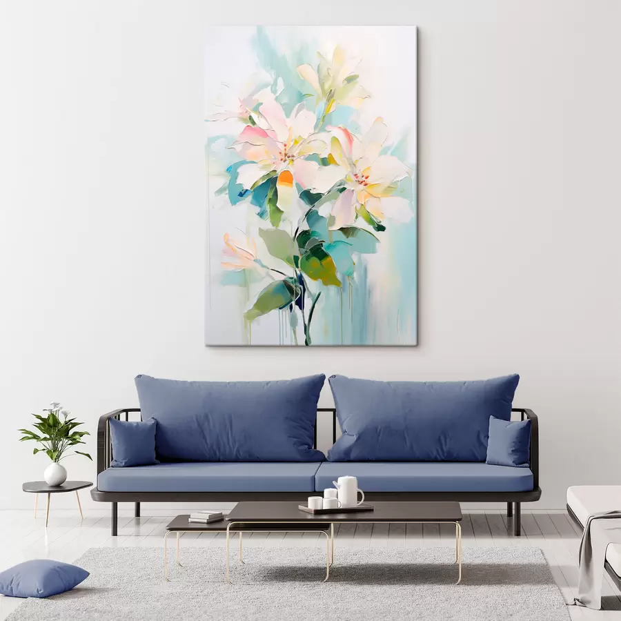 Pilt Värviliste aktsentidega lilled, rohelised lehed, pehmed pintslitõmbed õlimaalide jäljendused, helesinine taust s45549