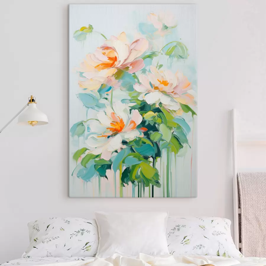 Pilt Valge ja pastell virsiku lilled, rohelised lehed, pehmed pintslitõmbed õlimaali imitatsioon, helesinine taust s45550