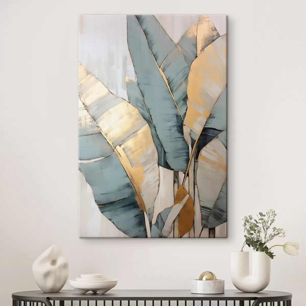 Pilt Vaikne sinine, hall ja kollane banaanileht nähtavate pintslitõmmetega, valgel abstraktsel taustal s45552