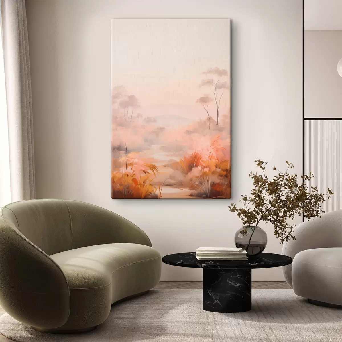 Pilt Maastik roosa , oranži ja pruuni toonides põõsaste ja puudega, taustaks mäed s45553