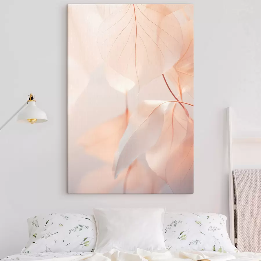 Pilt Läbilõikelised lehed koos õrnade veenidega, pehme virsiku ja valge värvipalett, hägune taust s45556