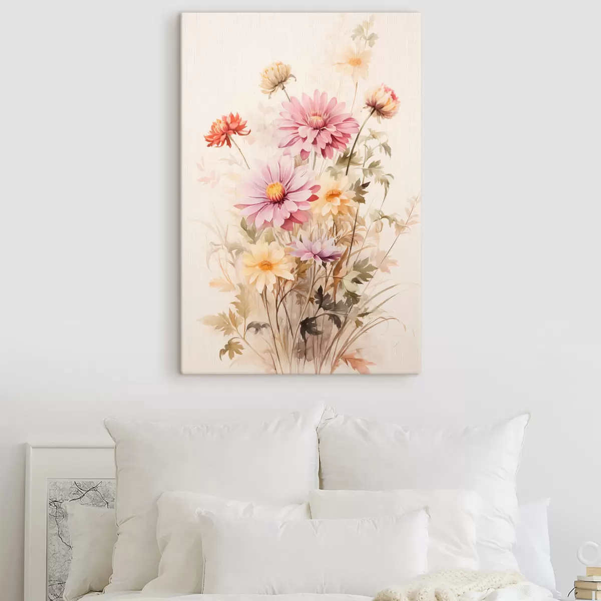 Pilt Värviliste lillede kimp, pehme akvarellstiil, heledal taustal, botaaniline illustratsioon  s45560