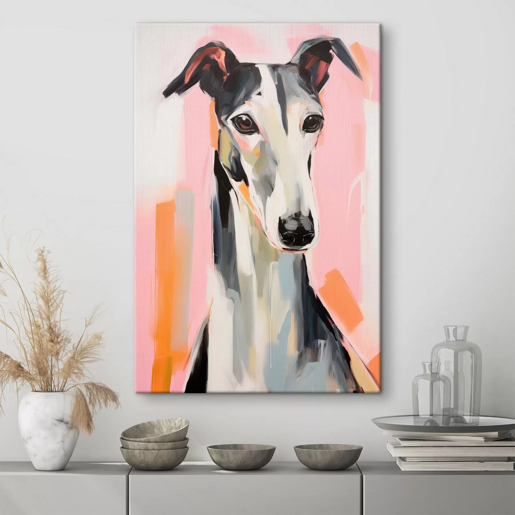 Pilt Hallituskoer roosa, oranži ja valgete pintslitõmmete taustal s45566