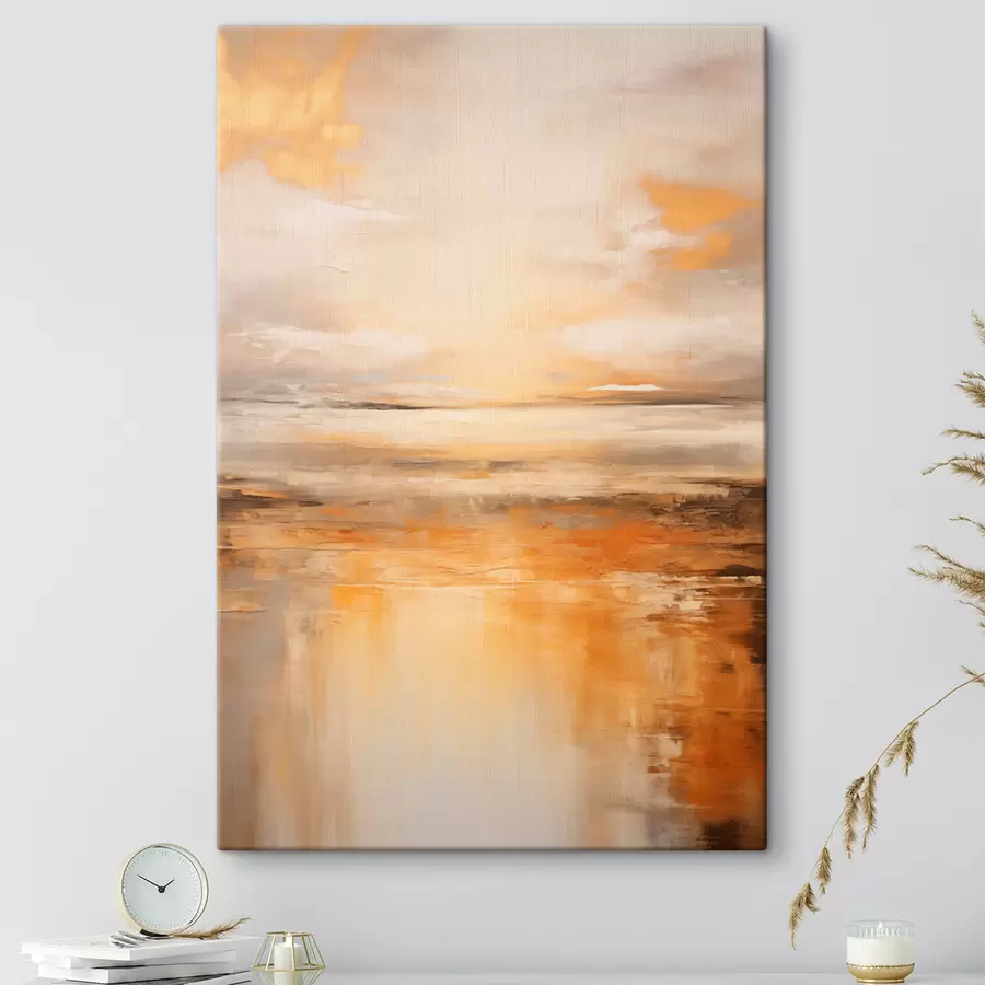 Pilt Abstraktne maal rannamaastikust, kus on rahulik ookean, oranž liiv ja pilvine taevas koos päikesega s45567