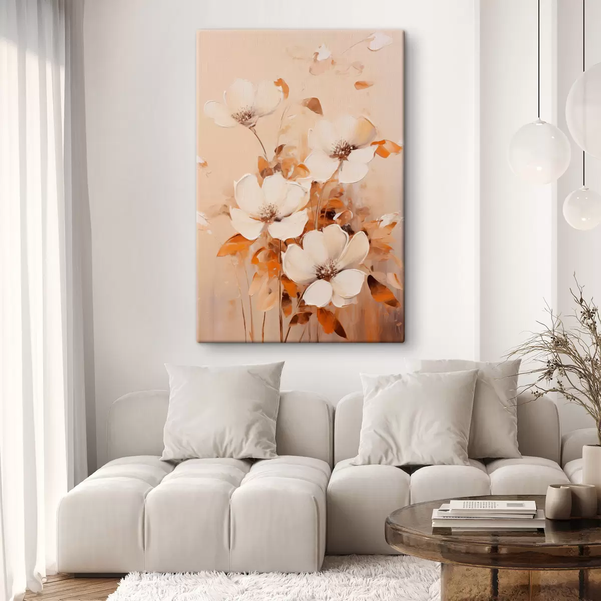 Pilt Valged lilled oranžide lehtedega, õrnad pintslitõmbed, soe värvipalett, elegantne kompositsioon s45573