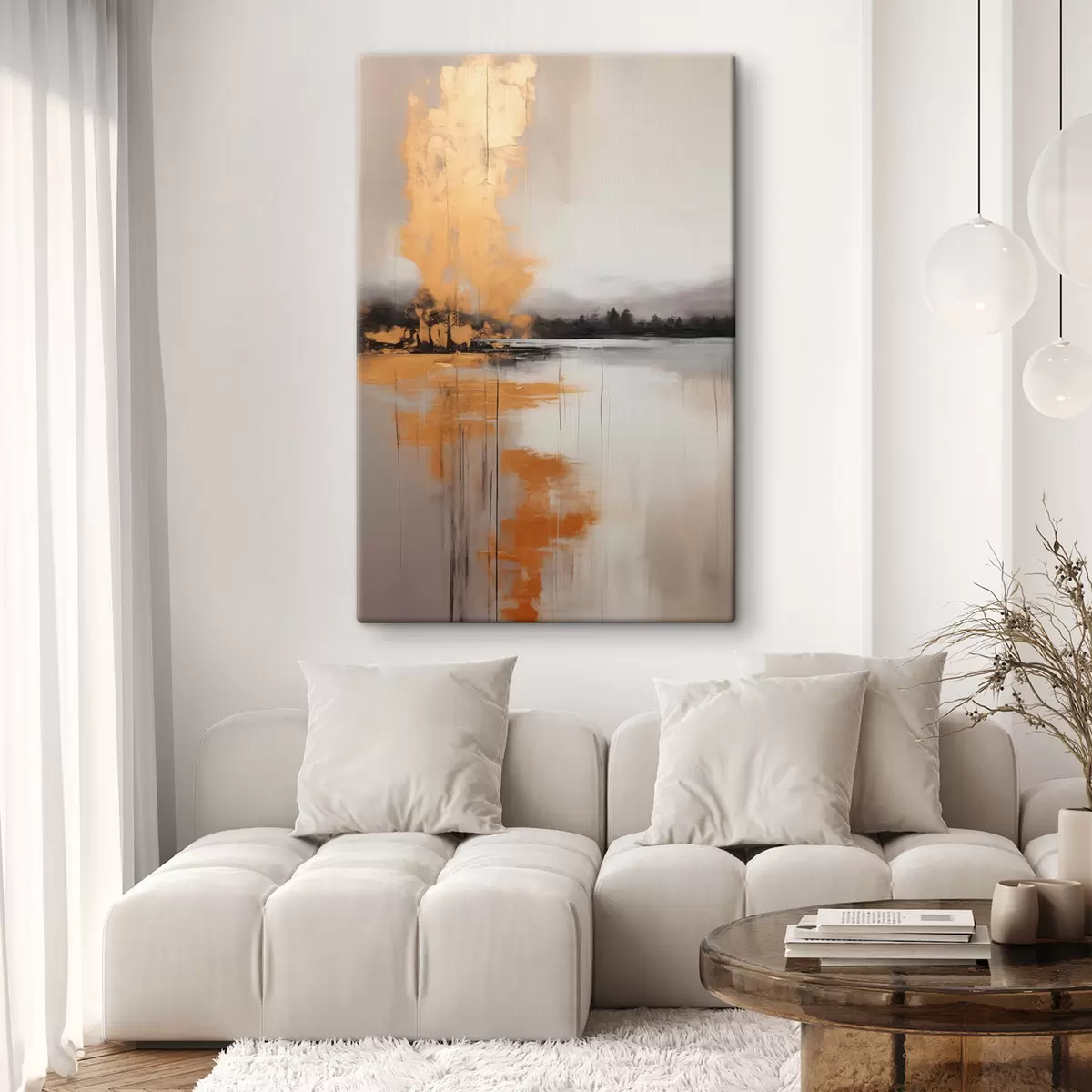 Pilt Abstraktne maastik järve, puu ja kollase uduga , vesi peegeldab ja pilvine taevas s45575