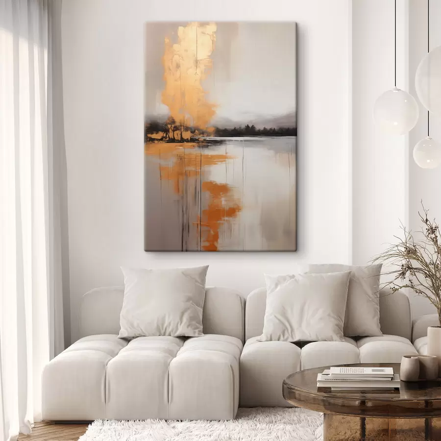 Pilt Abstraktne maastik järve, puu ja kollase uduga , vesi peegeldab ja pilvine taevas s45575