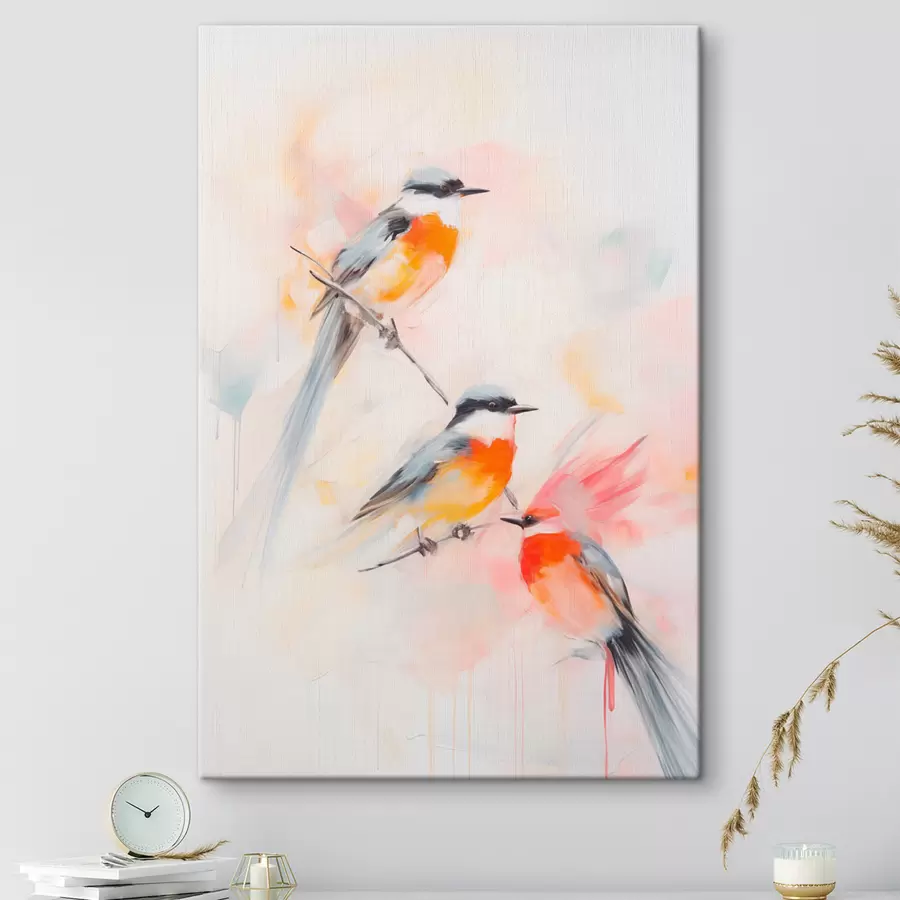 Pilt Oksadel istuvad linnud, pehmed pastelsed värvid, heledal taustal roosa ja valge toonid s45577