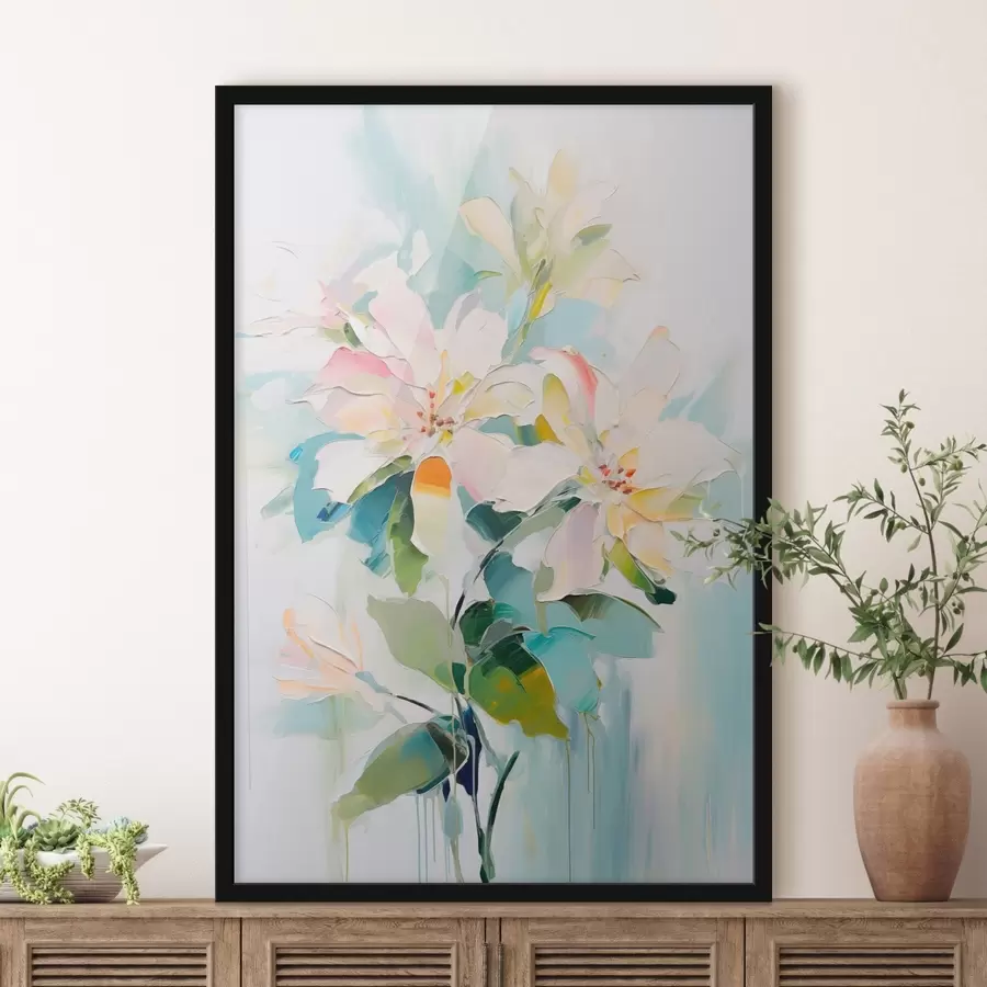 Fototapeedid Värviliste aktsentidega lilled, rohelised lehed, pehmed pintslitõmbed õlimaalide jäljendused, helesinine taust f45549