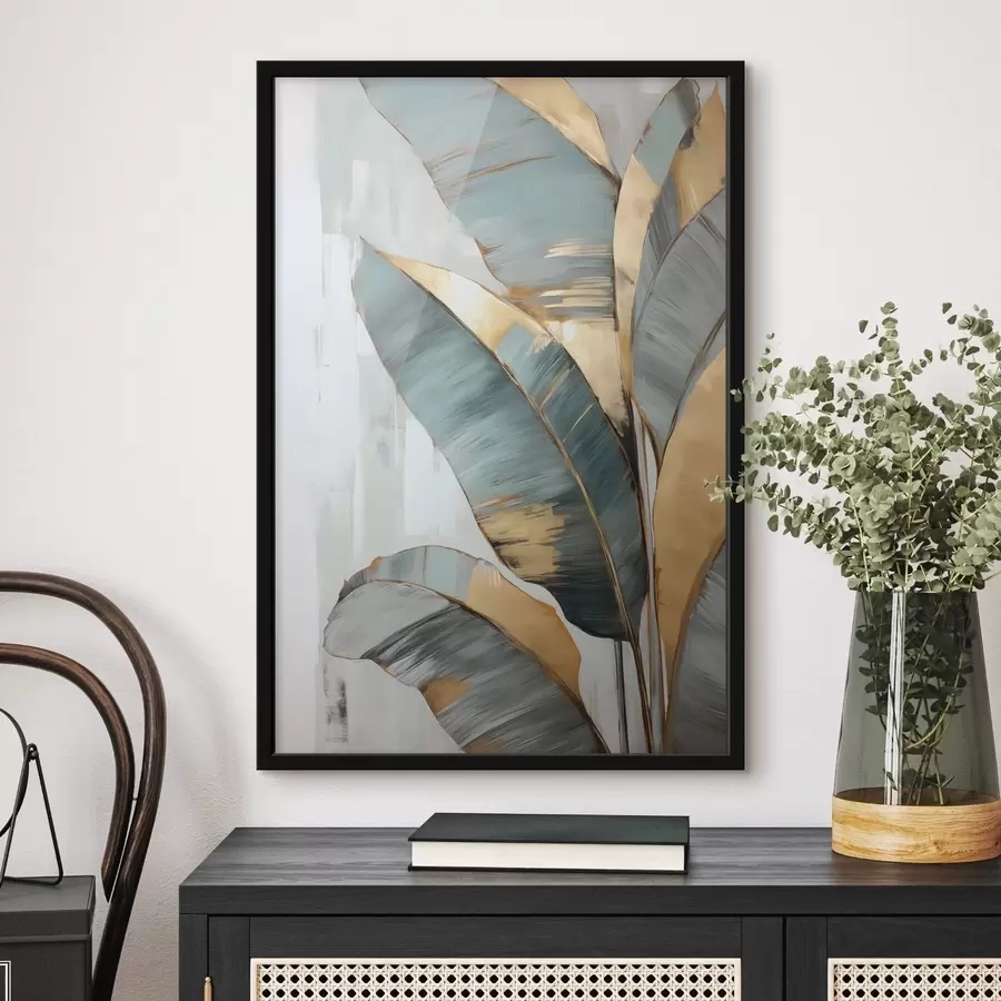 Fototapeedid Valge abstraktse taustaga komplekt sinise, halli ja kollase värvi banaanilehti, millel on nähtavad pintslitõmbed f45551