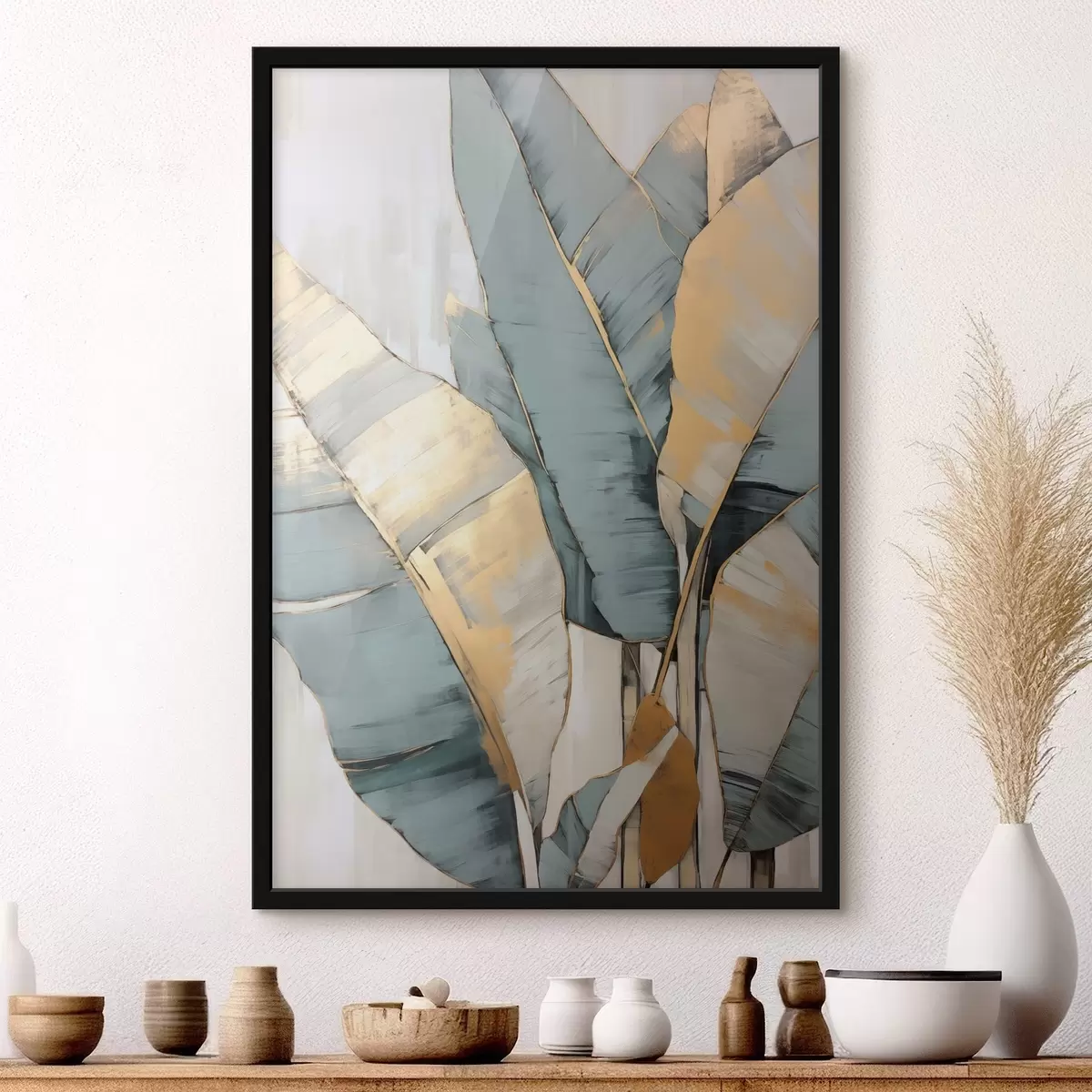 Plakat Vaikne sinine, hall ja kollane banaanileht nähtavate pintslitõmmetega, valgel abstraktsel taustal f45552