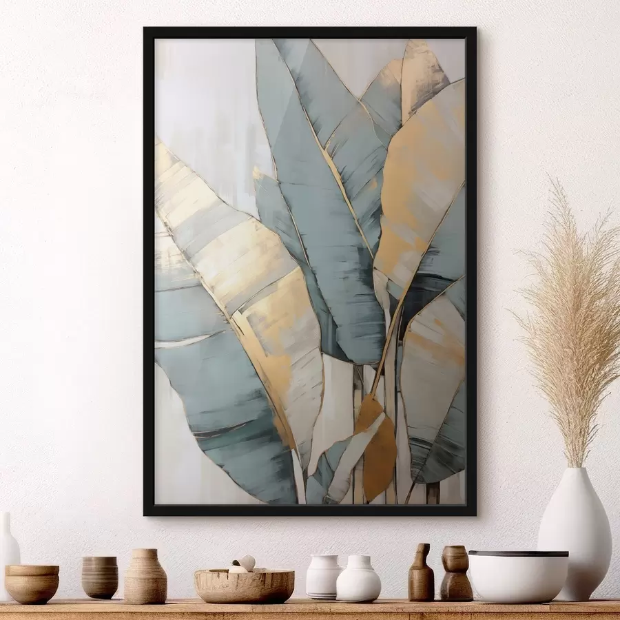 Fototapeedid Vaikne sinine, hall ja kollane banaanileht nähtavate pintslitõmmetega, valgel abstraktsel taustal f45552