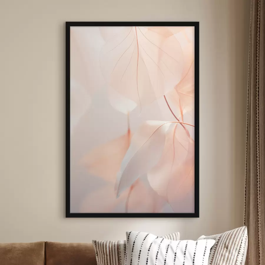 Fototapeedid Läbilõikelised lehed koos õrnade veenidega, pehme virsiku ja valge värvipalett, hägune taust f45556