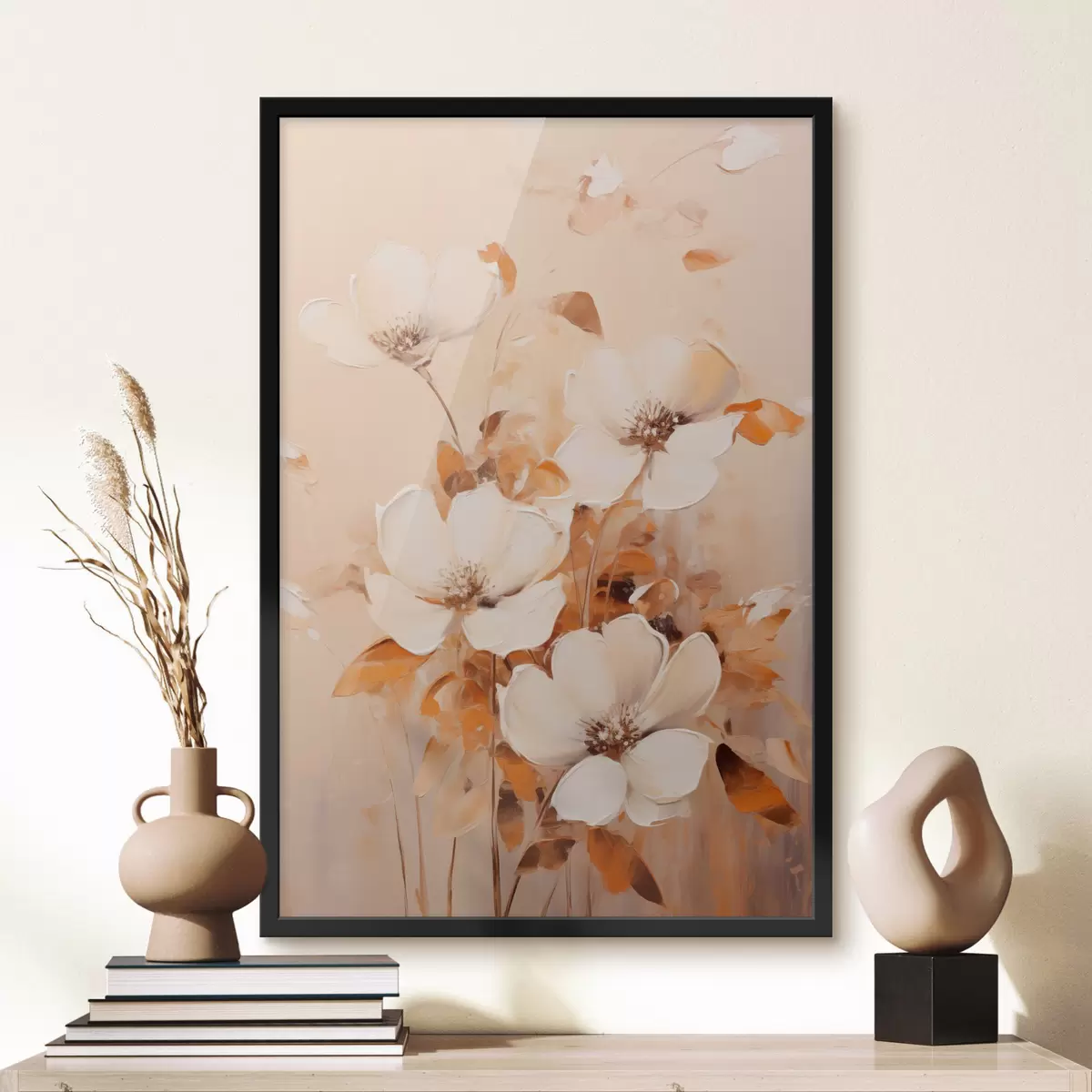 Plakat Valged lilled oranžide lehtedega, õrnad pintslitõmbed, soe värvipalett, elegantne kompositsioon f45573