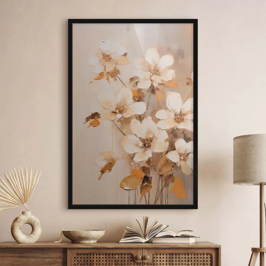 Fototapeedid Valged lilled oranžide lehtedega, õrnad pintslitõmbed, lilleseade, botaaniline kunst f45574