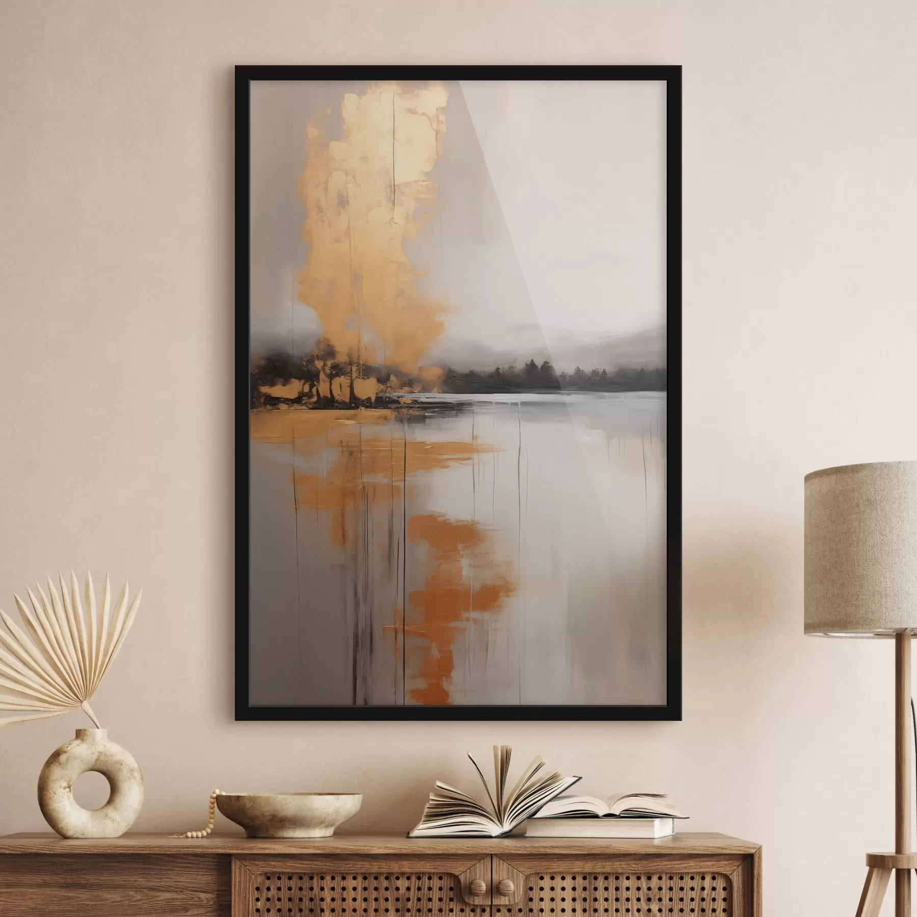 Fototapeedid Abstraktne maastik järve, puu ja kollase uduga , vesi peegeldab ja pilvine taevas f45575