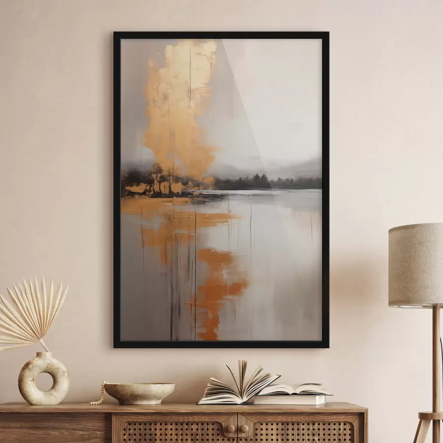 Fototapeedid Abstraktne maastik järve, puu ja kollase uduga , vesi peegeldab ja pilvine taevas f45575