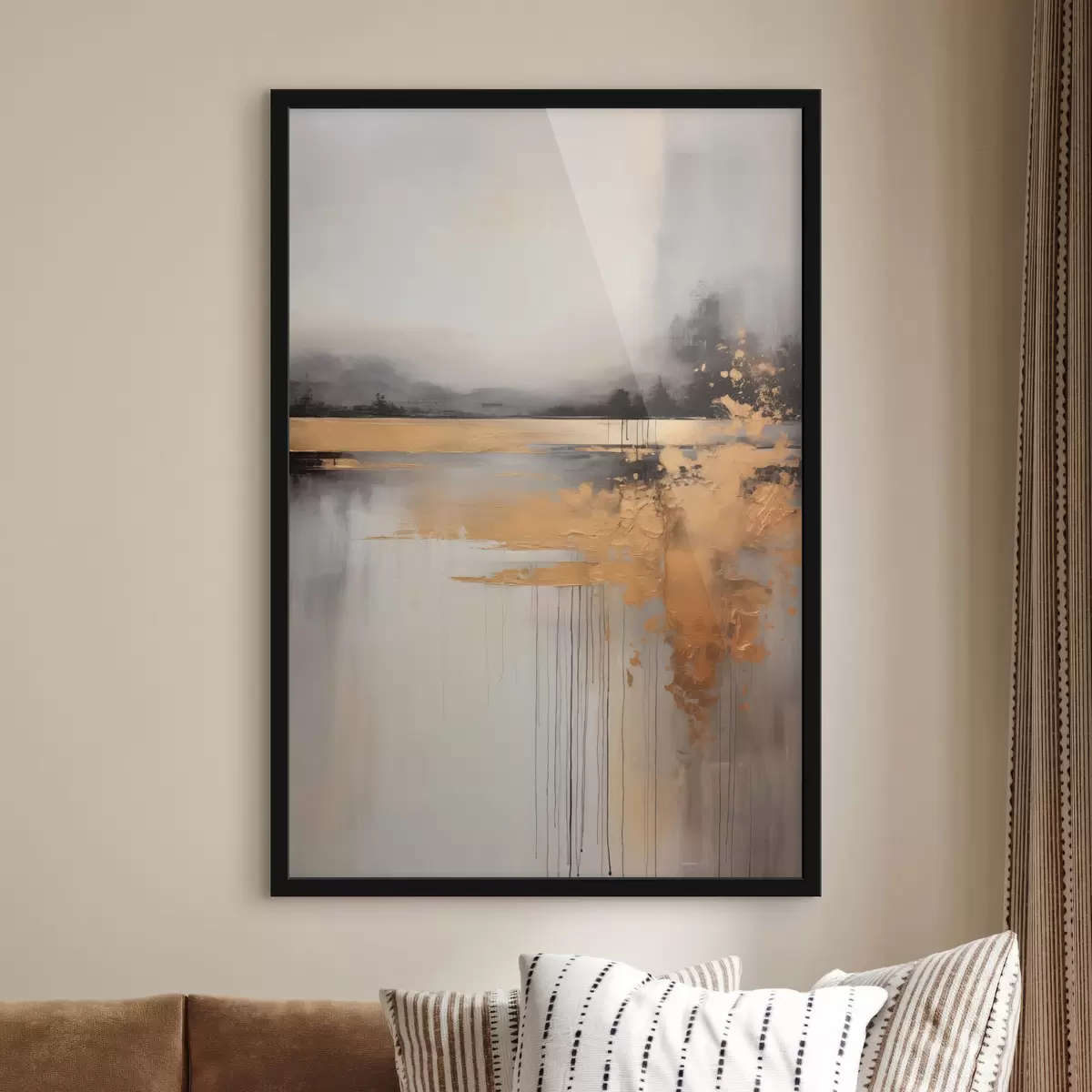 Plakat Abstraktne tekstuurne maastik, taustaks jõgi ja tumedad puud, taevas on pilvine f45576