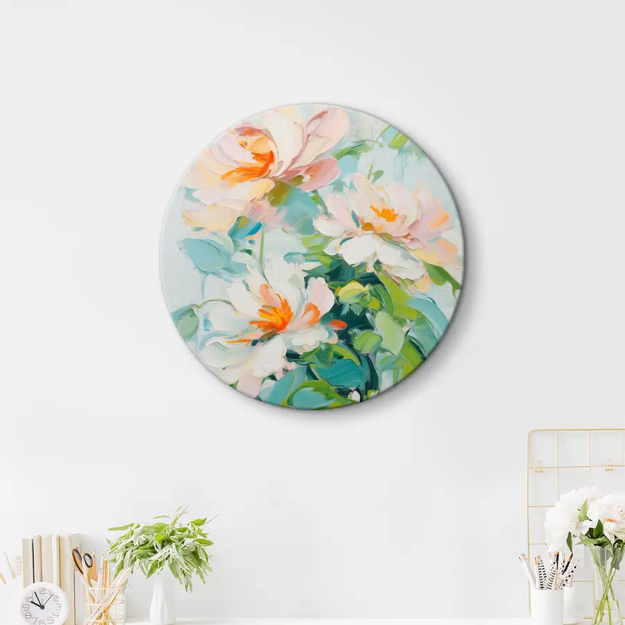 Pilt Valge ja pastell virsiku lilled, rohelised lehed, pehmed pintslitõmbed õlimaali imitatsioon, helesinine taust r45550