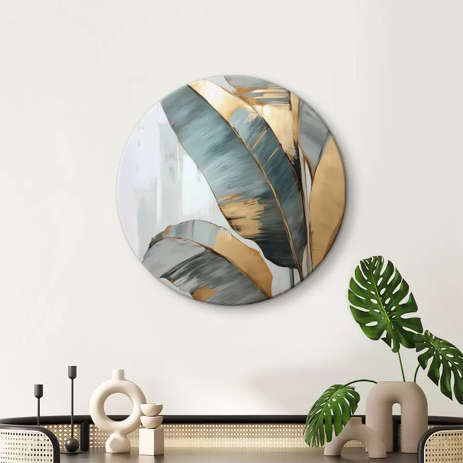 Pilt Valge abstraktse taustaga komplekt sinise, halli ja kollase värvi banaanilehti, millel on nähtavad pintslitõmbed r45551