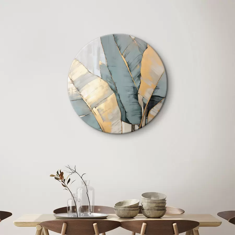 Pilt Vaikne sinine, hall ja kollane banaanileht nähtavate pintslitõmmetega, valgel abstraktsel taustal r45552