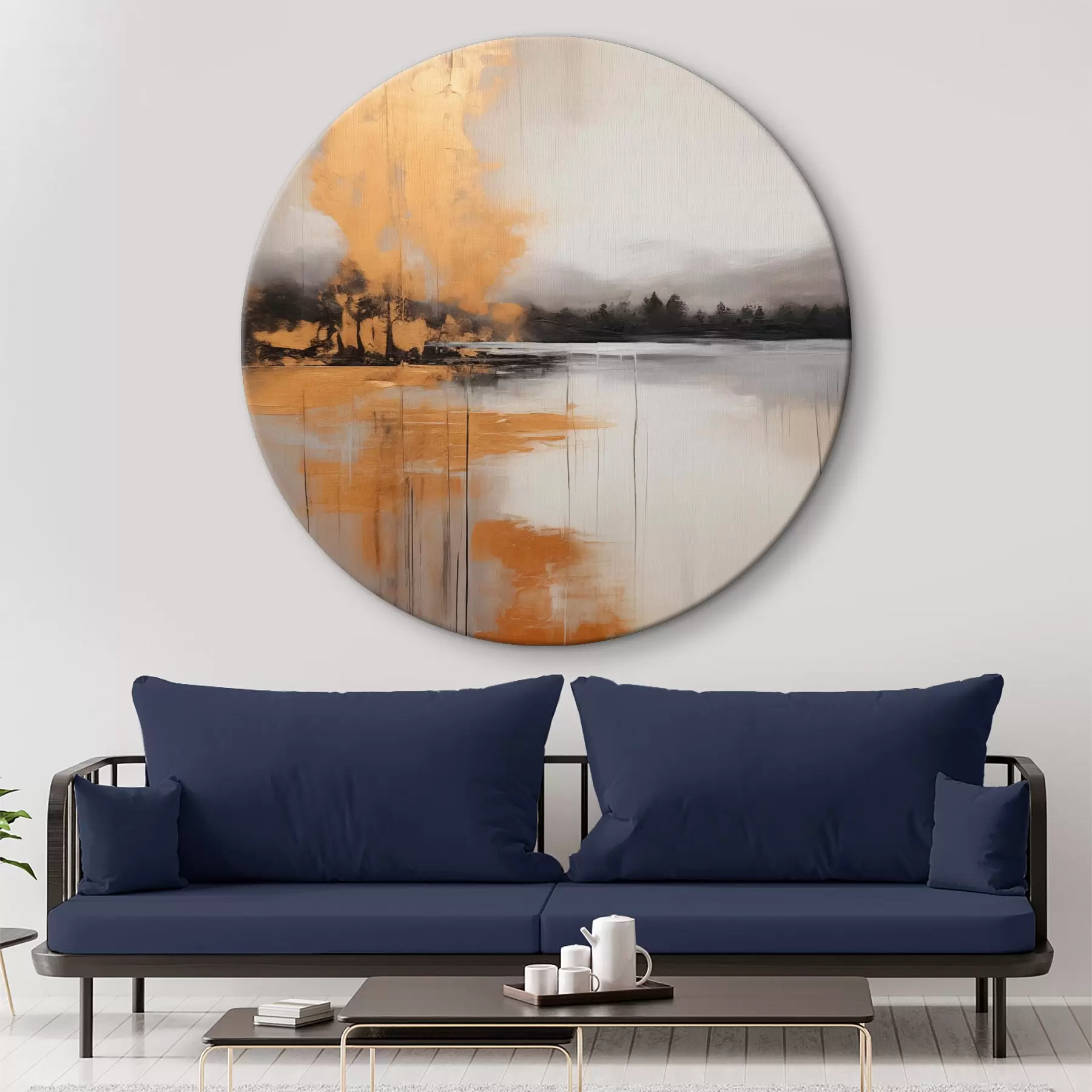 Pilt Abstraktne maastik järve, puu ja kollase uduga , vesi peegeldab ja pilvine taevas r45575