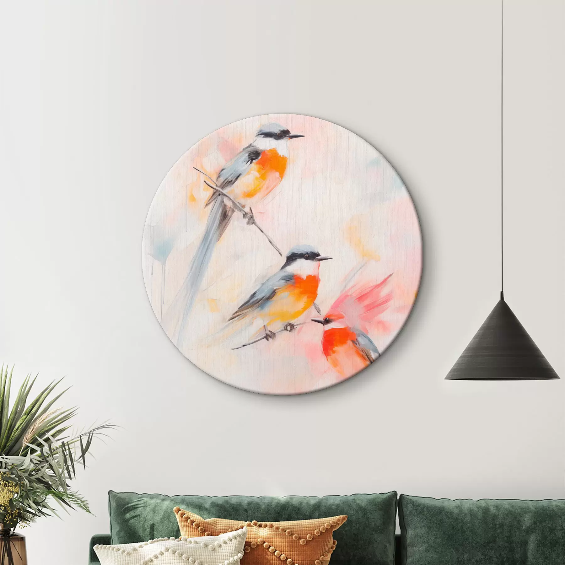 Pilt Oksadel istuvad linnud, pehmed pastelsed värvid, heledal taustal roosa ja valge toonid r45577