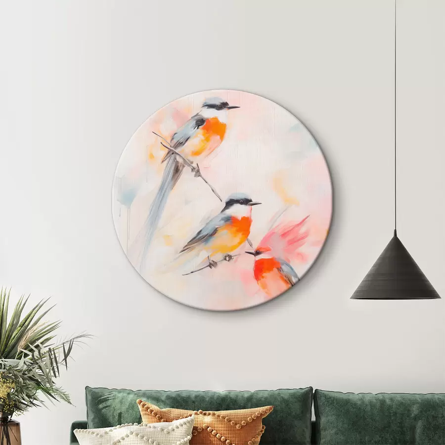 Pilt Oksadel istuvad linnud, pehmed pastelsed värvid, heledal taustal roosa ja valge toonid r45577