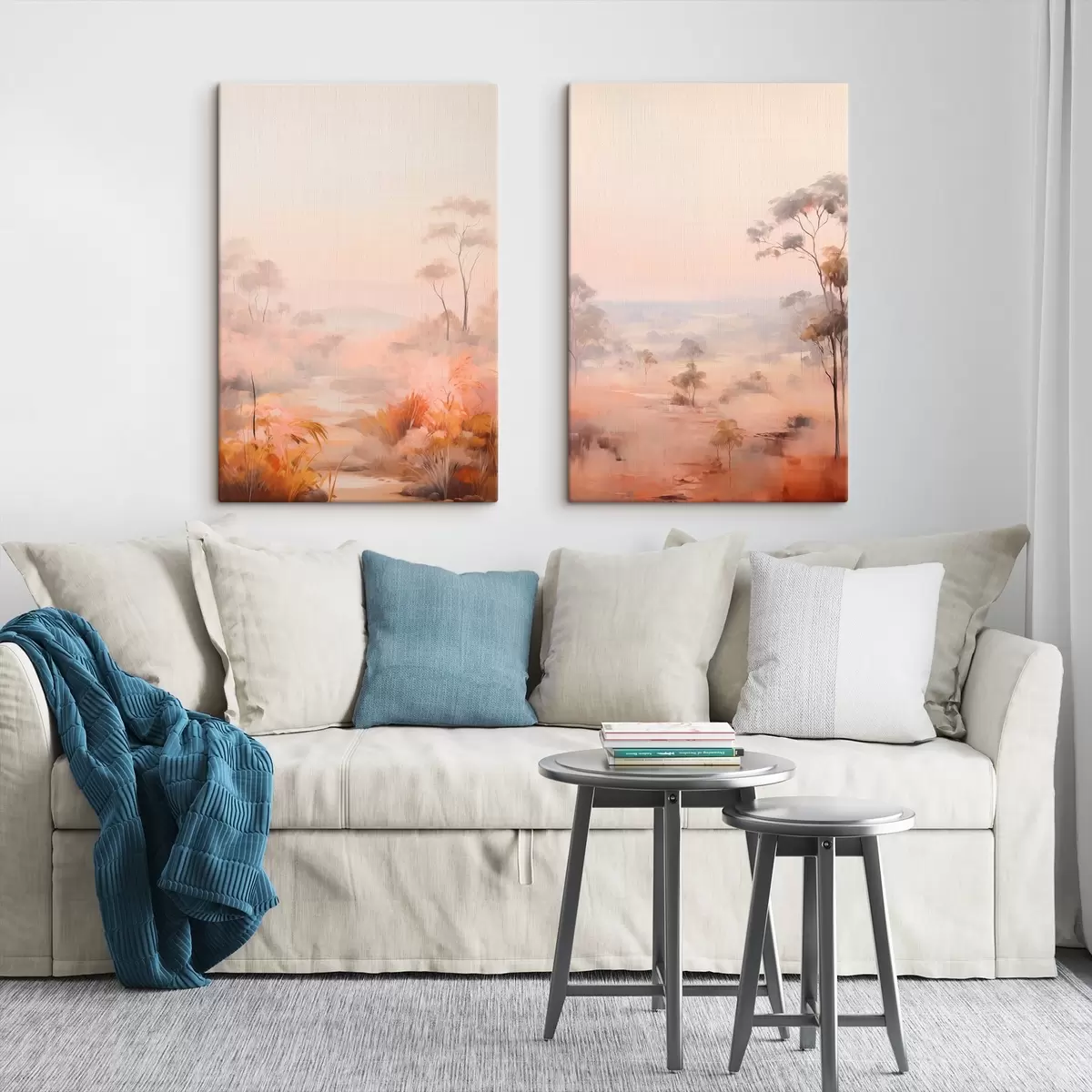 Pilt Maastik roosa , oranži ja pruuni toonides põõsaste ja puudega, taustaks mäed m00646