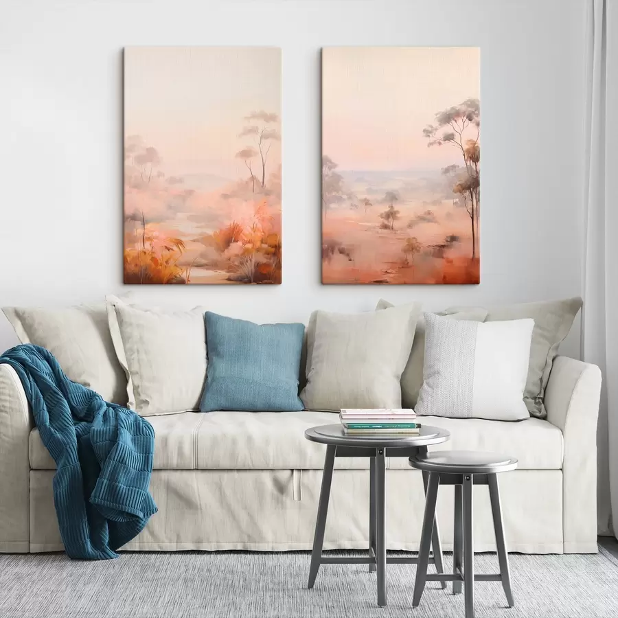 Pilt Maastik roosa , oranži ja pruuni toonides põõsaste ja puudega, taustaks mäed m00646