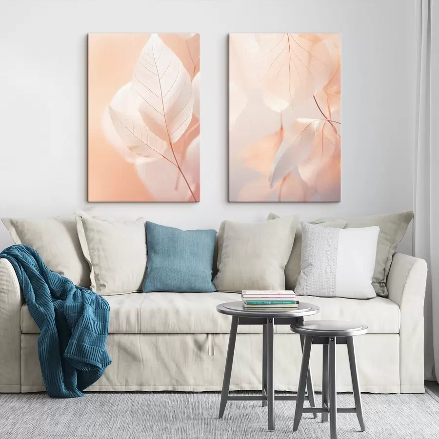 Pilt Läbilõikelised lehed koos õrnade veenidega, pehme virsiku ja valge värvipalett, hägune taust m00647