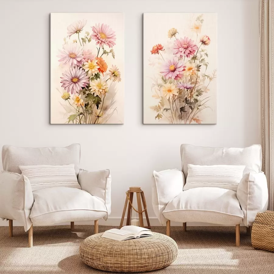 Pilt Värviliste lillede kimp, pehme akvarellstiil, heledal taustal, botaaniline illustratsioon m00649