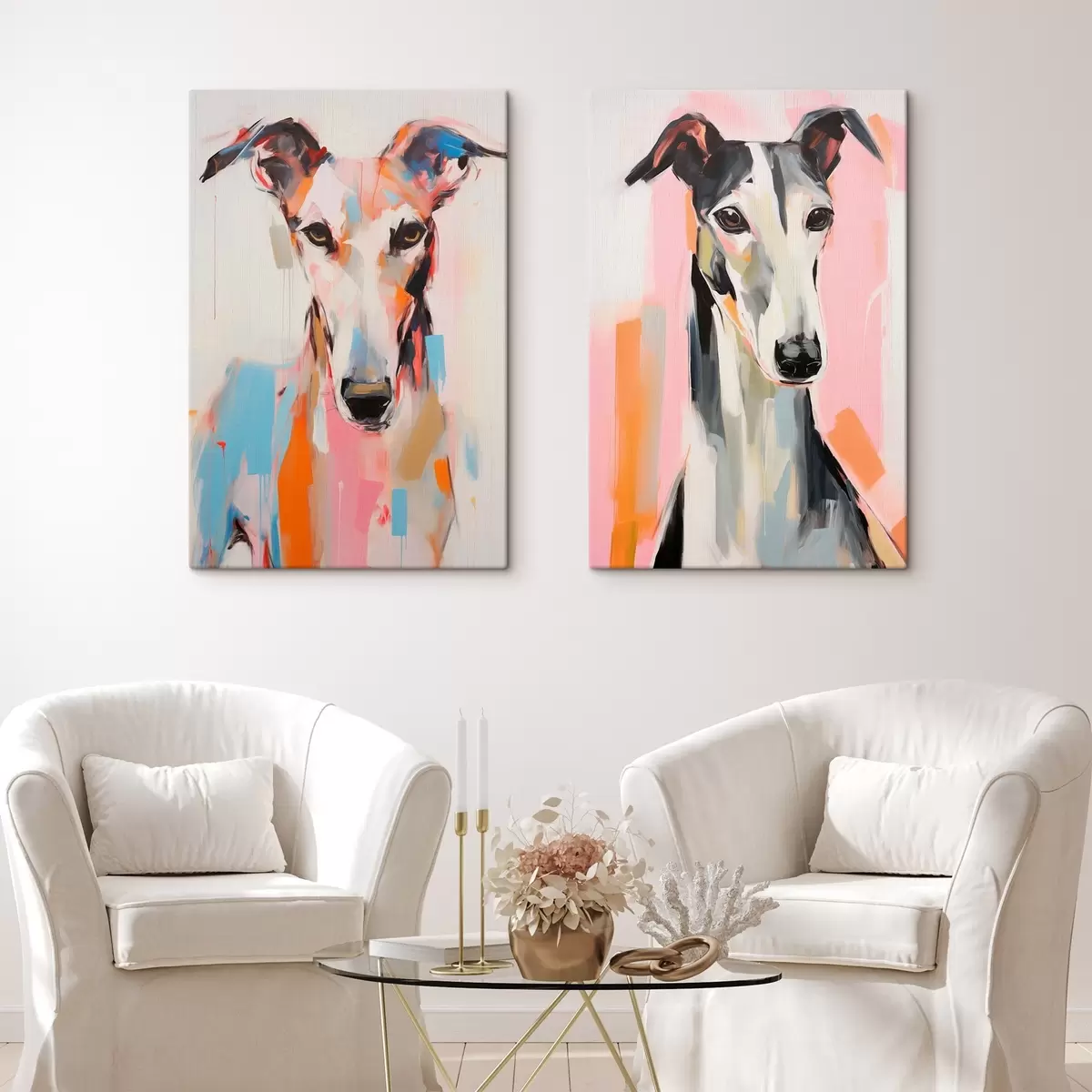 Pilt Greyhoundi koer, värvitud erksate värvidega, nagu oranž, roosa ja sinine, lihtsal valgel taustal m00652