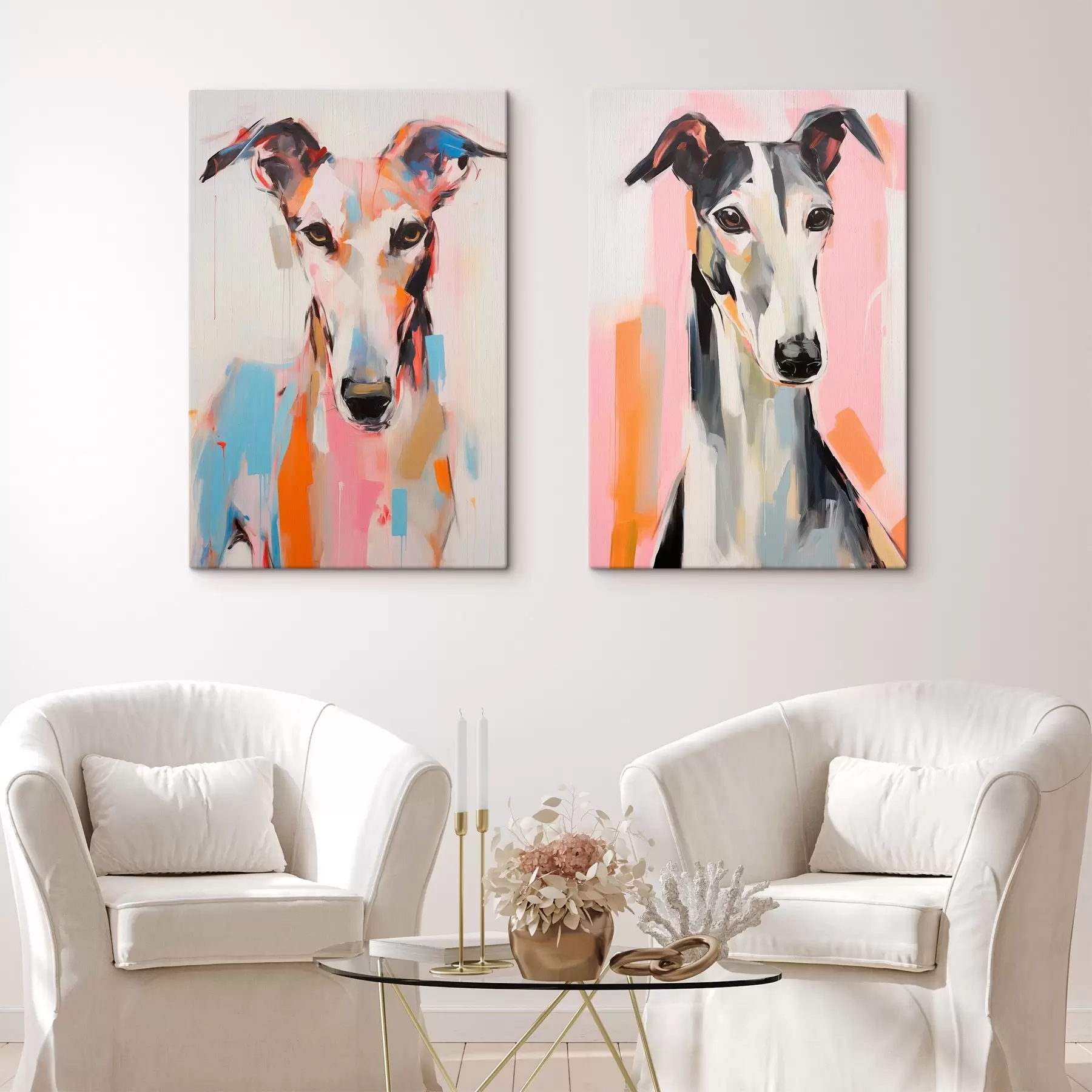 Pilt Greyhoundi koer, värvitud erksate värvidega, nagu oranž, roosa ja sinine, lihtsal valgel taustal m00652