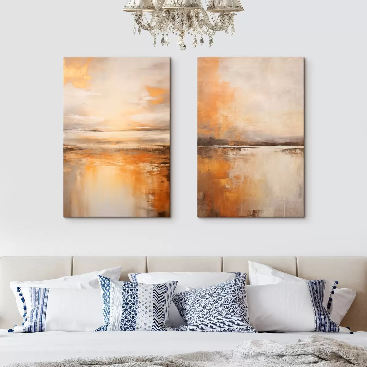 Pilt Abstraktne maal rannamaastikust, kus on rahulik ookean, oranž liiv ja pilvine taevas koos päikesega m00653