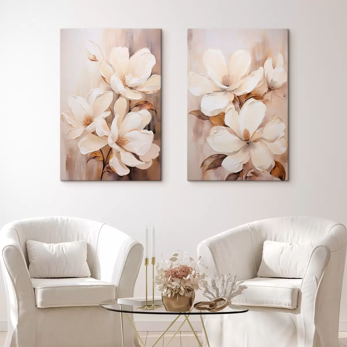 Pilt Valged magnoolia lilled pehmel, hägustatud beeži ja pruuni tooni taustal, maalimisstiil m00655