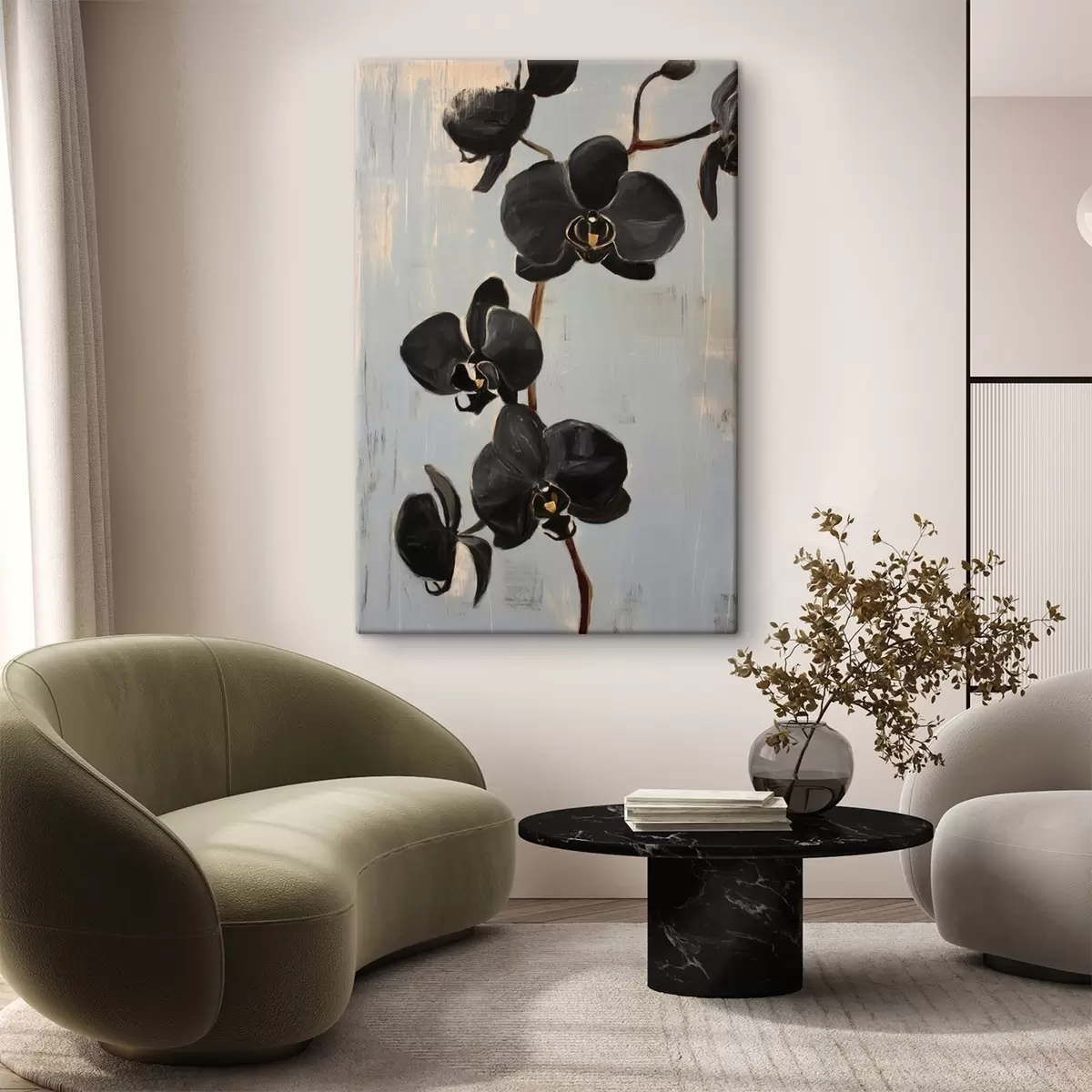Pilt Dekoratiivsed orhideed: mustad lilled halli taustal s45547