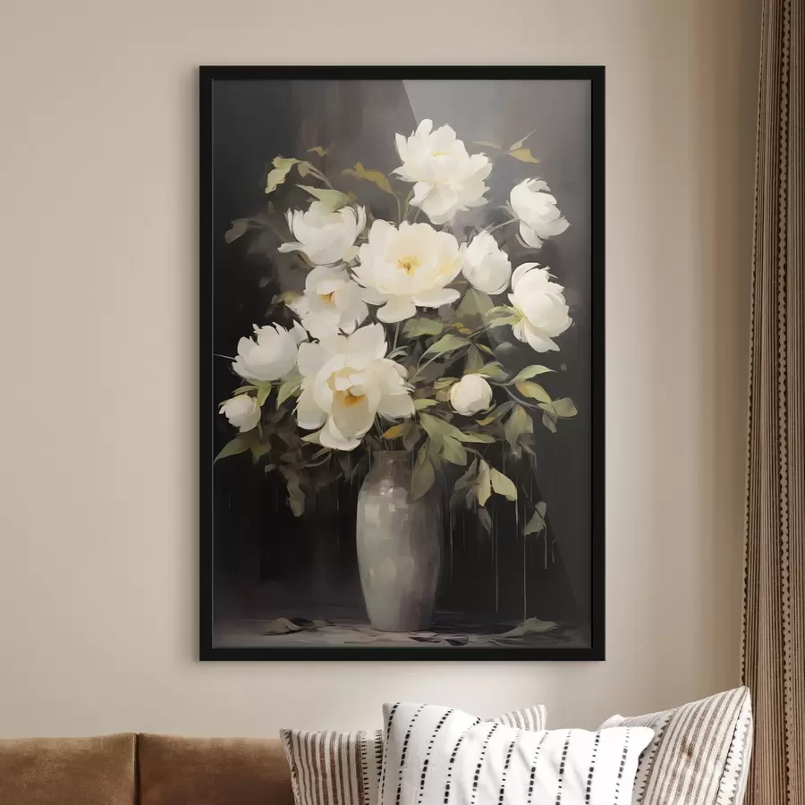 Fototapeedid Õrnad pioonid vaasis: lillekompositsioon maali stiilis f45532