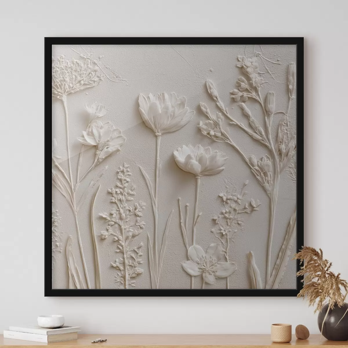 Plakat Abstraktne kompositsioon: reljeefstiil lilledega heledal taustal f45535