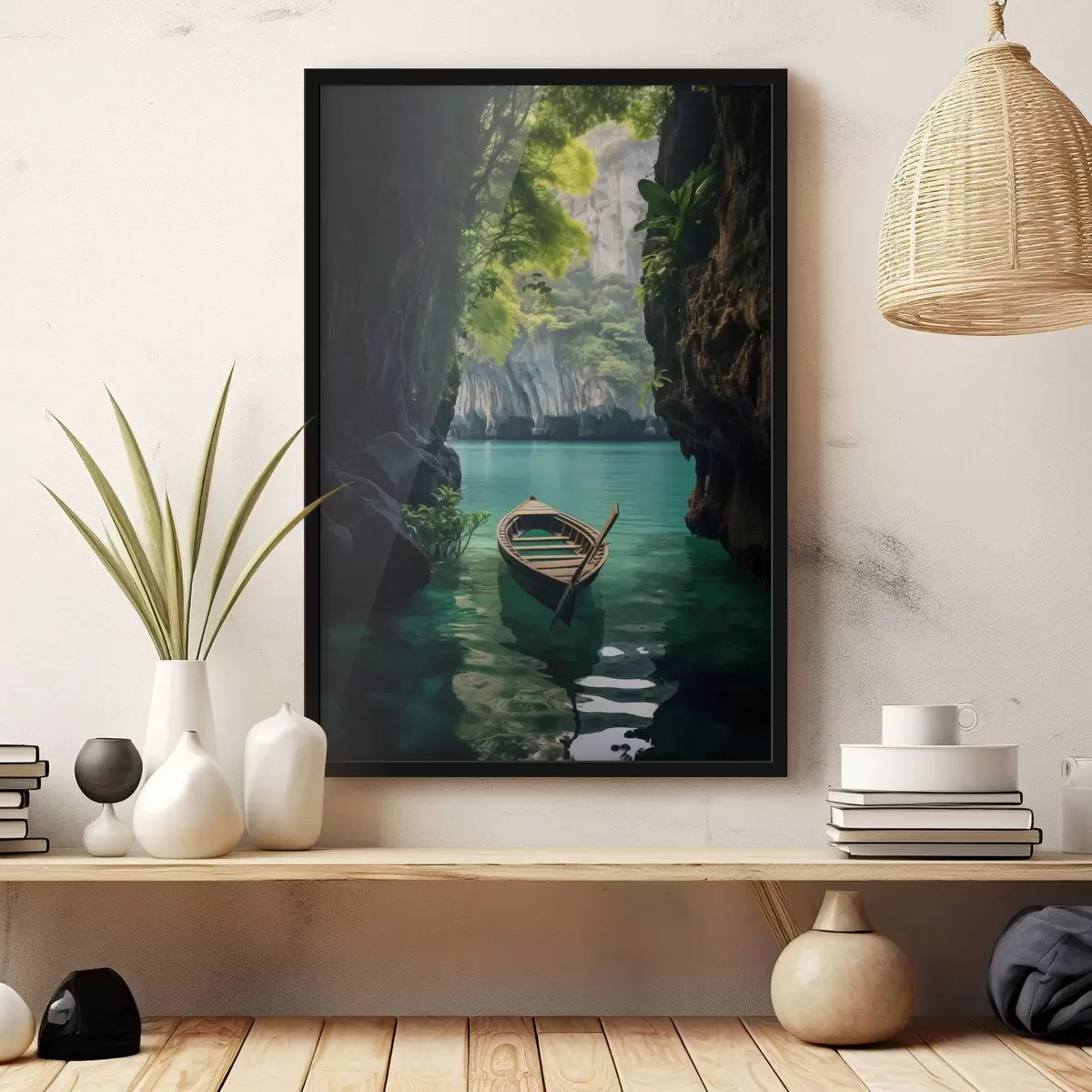 Plakat Üksildane puu järve ääres roosa taeva all f45507