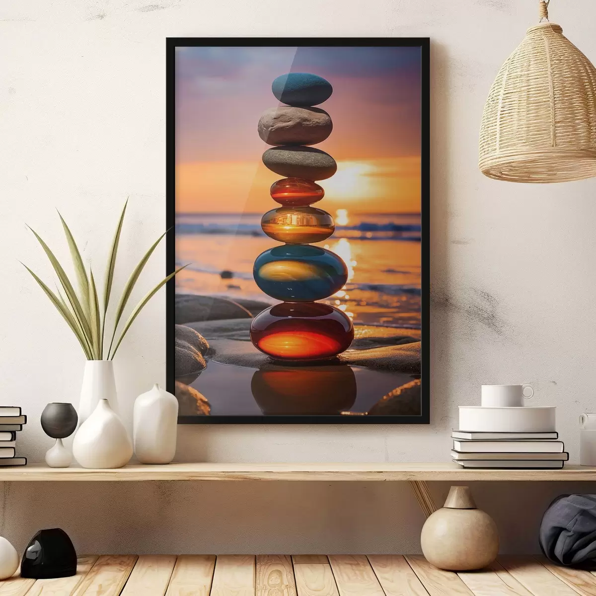 Plakat Paigaldatud kivid päikeseloojangu taustal f45520