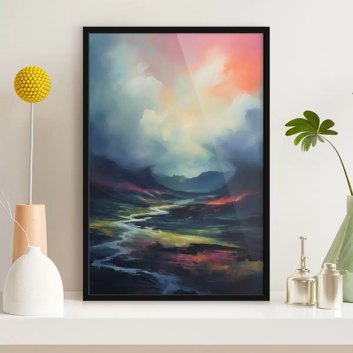 Plakat Abstraktne maastik jõe ja mägedega f45627